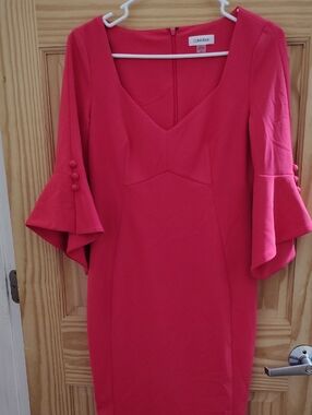 Calvin Klein Bright Pink V-Neck Bell Sleeve Sheath Dress
